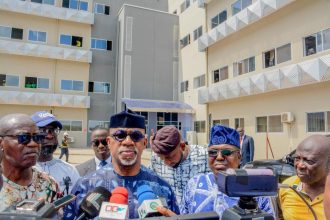 L-R Secretary to Ogun State Government, Mr. Tokunbo Talabi, Ogun State Governor, Prince Dapo Abiodun CON, Chief of Staff to Ogun Governor, Dr. Toyin Taiwo and Ogun State Commissioner of Works , Engr. Ade Akinsanya at the newly renovated 250 bed hospital, Oke Mosan, Abeokuta on Monday.