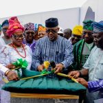 L-R: Member, Ogun State House of Assembly representing Ifo constituency ll, Hon. Fola Salami; Iyaloja of Ifo Market, Alhaja Aishat Adebola; Ogun State Governor, Prince Dapo Abiodun; Olofin of Isheri, Oba Suleiman Bamgbade; Commissioner for Works and Infrastructure, Engr. Ade Akinsanya and Ogun State head of Service, Mr Kehinde Onasanya, during the commissioning of the 6km Akute-Ajuwon-Alagbole road on Thursday.